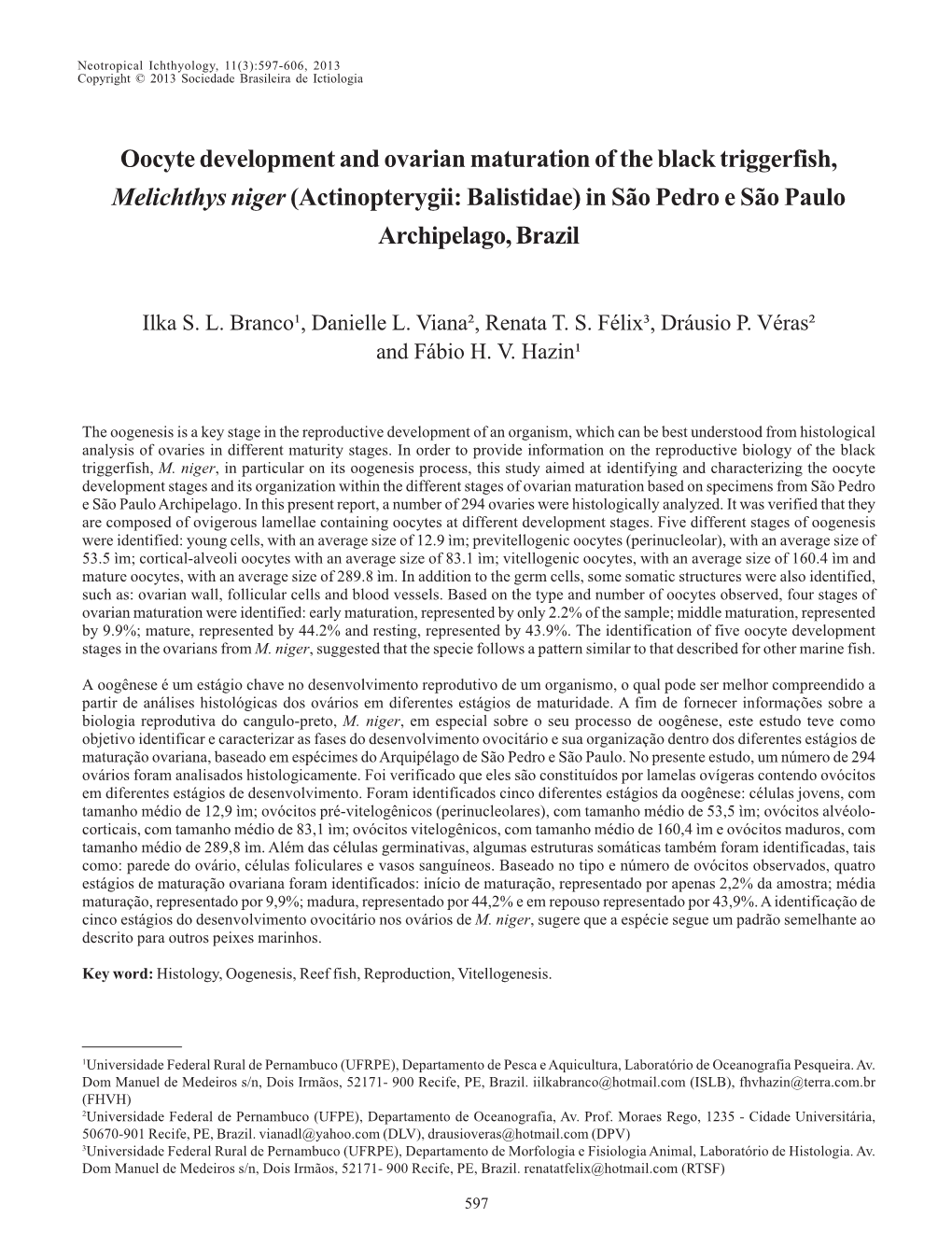 Oocyte Development and Ovarian Maturation of the Black Triggerfish, Melichthys Niger (Actinopterygii: Balistidae) in São Pedro E São Paulo Archipelago, Brazil