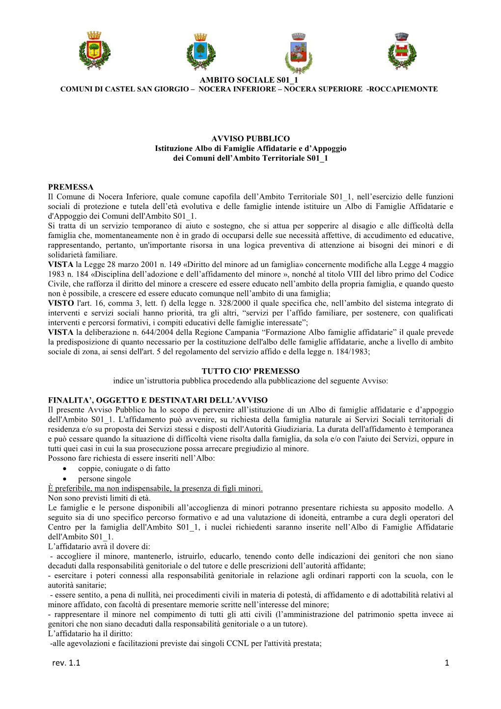 Ambito Sociale S01 1 Comuni Di Castel San Giorgio – Nocera Inferiore – Nocera Superiore -Roccapiemonte