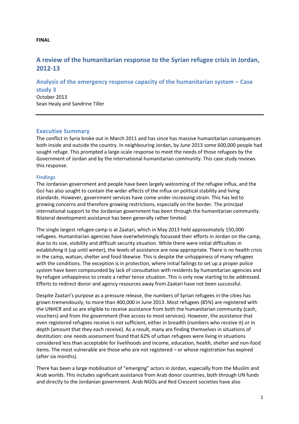 A Review of the Humanitarian Response to the Syrian Refugee Crisis in Jordan, 2012-13