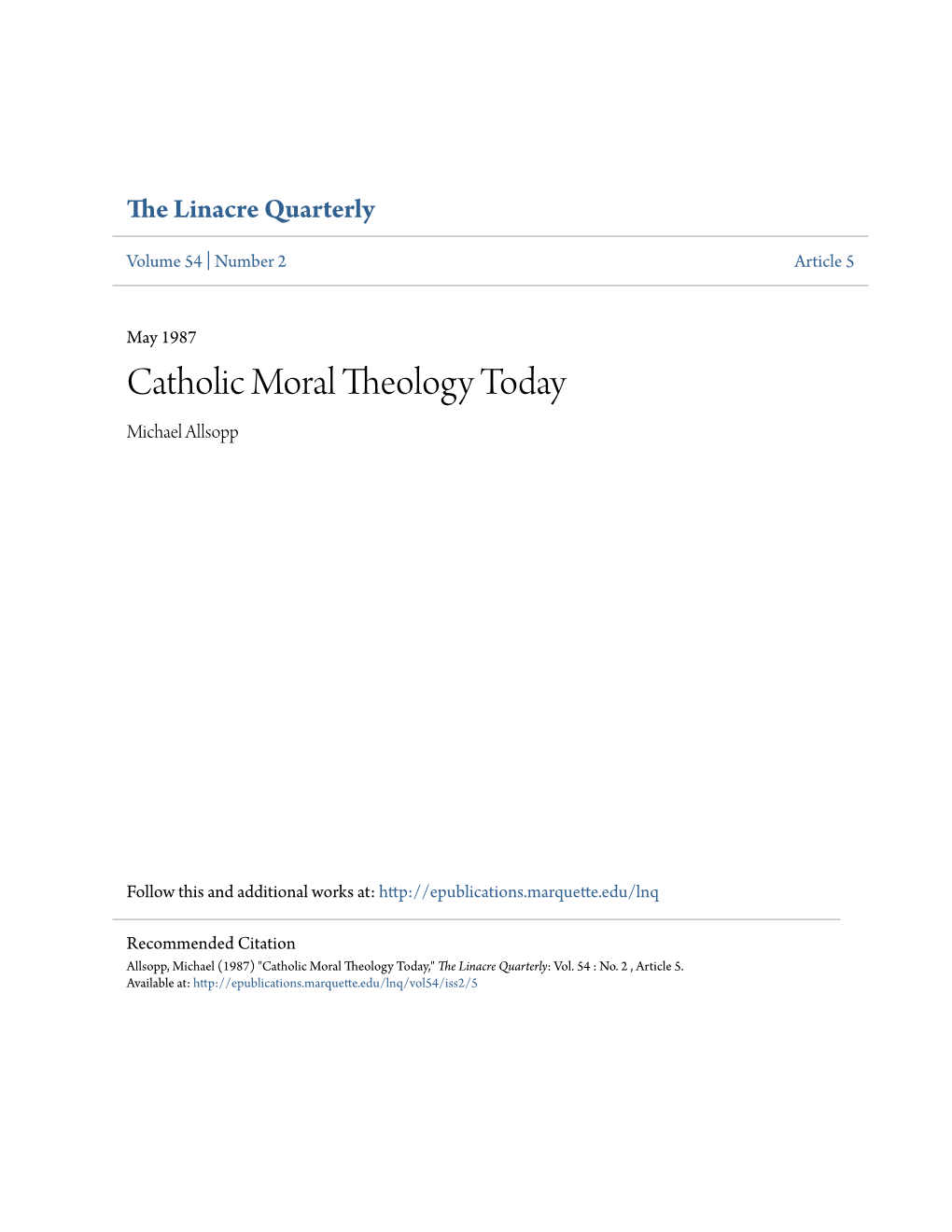 Catholic Moral Theology Today Michael Allsopp