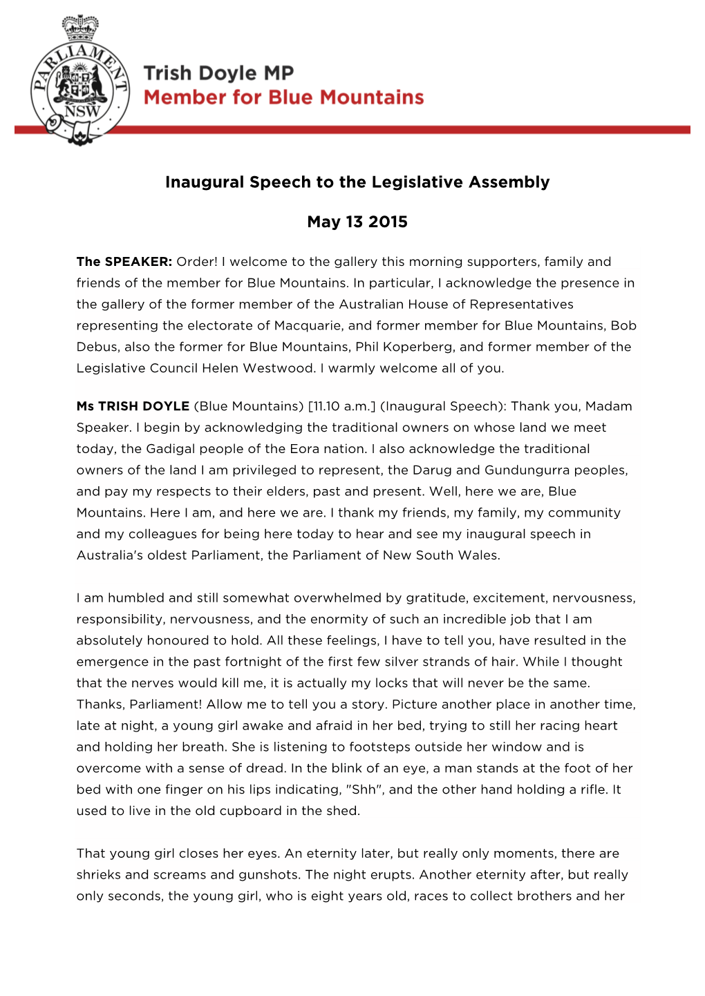 Inaugural Speech to the Legislative Assembly May 13 2015