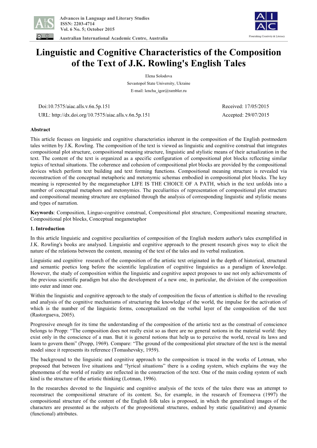 Linguistic and Cognitive Characteristics of the Composition of the Text of J.K