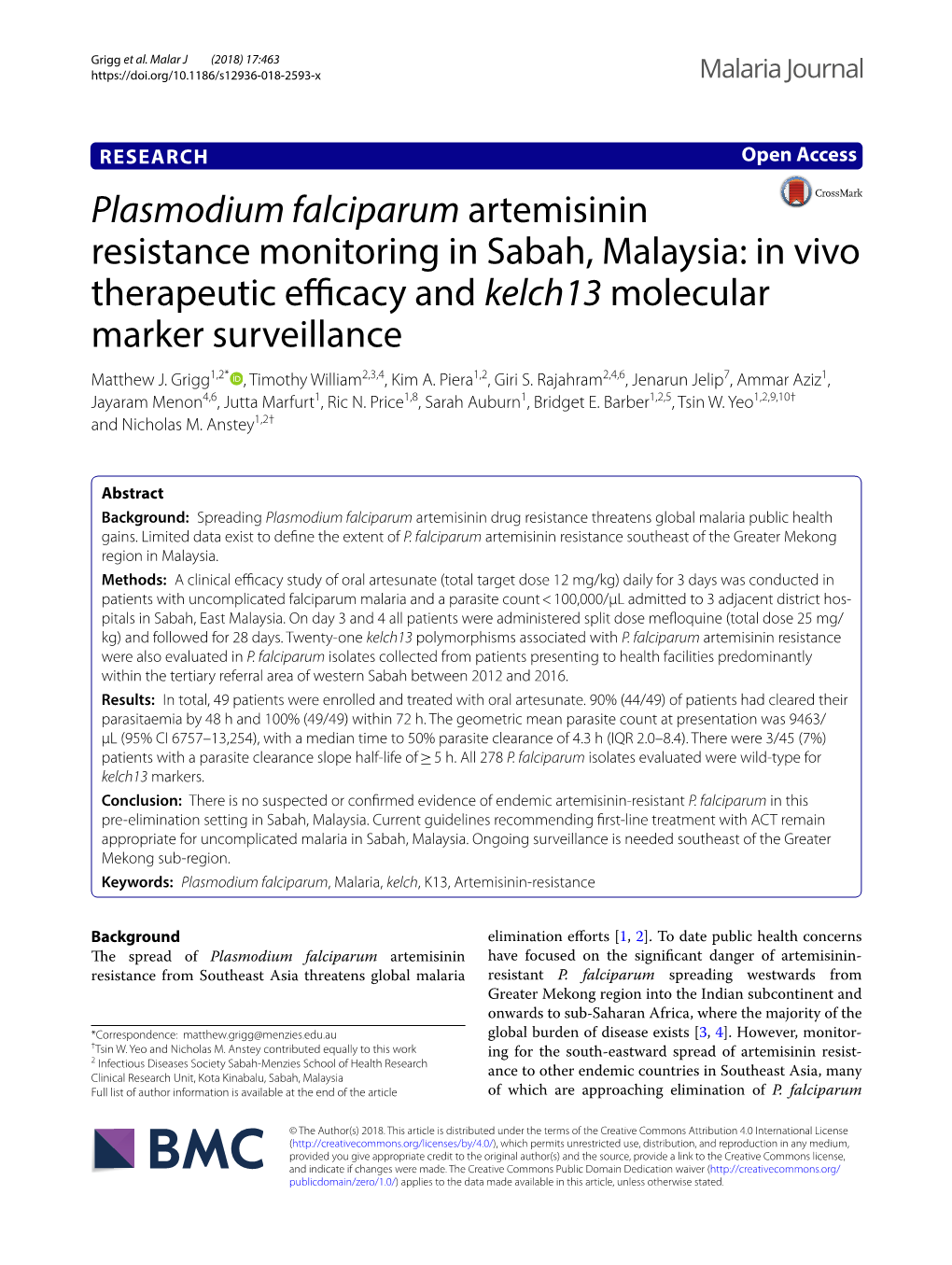 Plasmodium Falciparum Artemisinin Resistance Monitoring in Sabah, Malaysia: in Vivo Therapeutic Efcacy and Kelch13 Molecular Marker Surveillance Matthew J