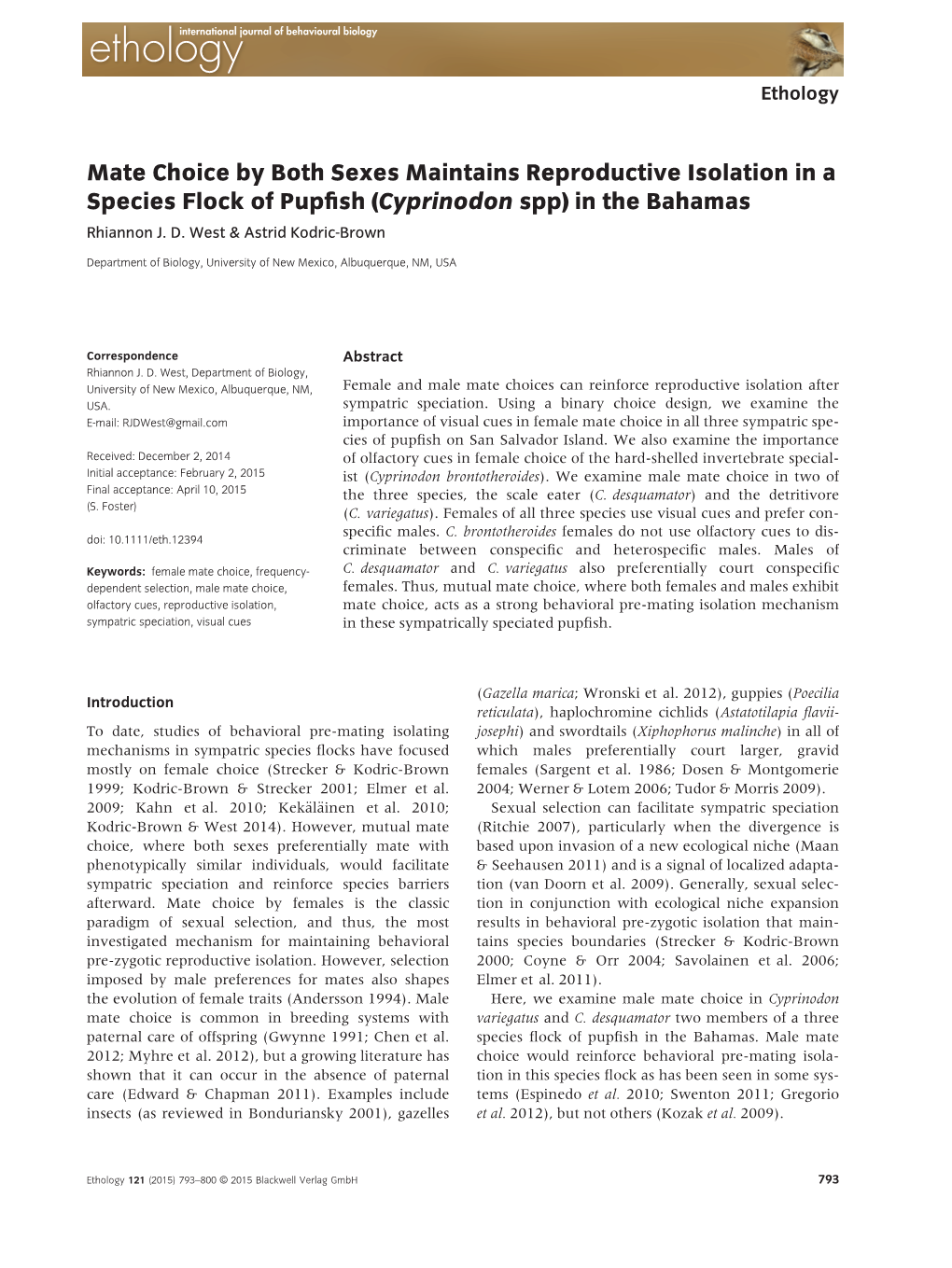 Mate Choice by Both Sexes Maintains Reproductive Isolation in a Species Flock of Pupﬁsh (Cyprinodon Spp) in the Bahamas Rhiannon J