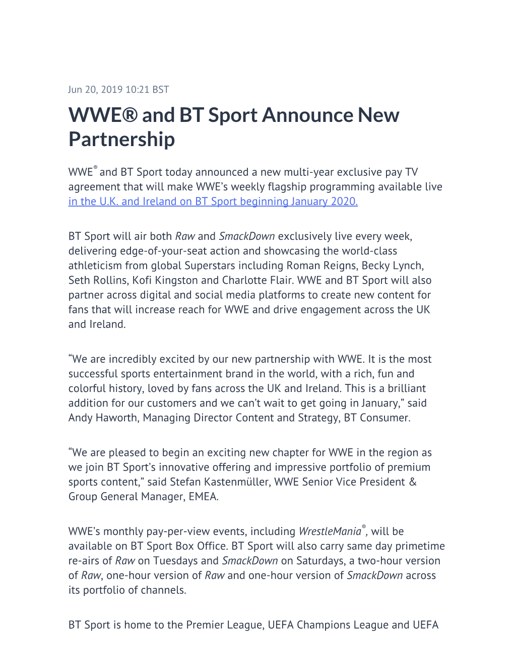 WWE® and BT Sport Announce New Partnership