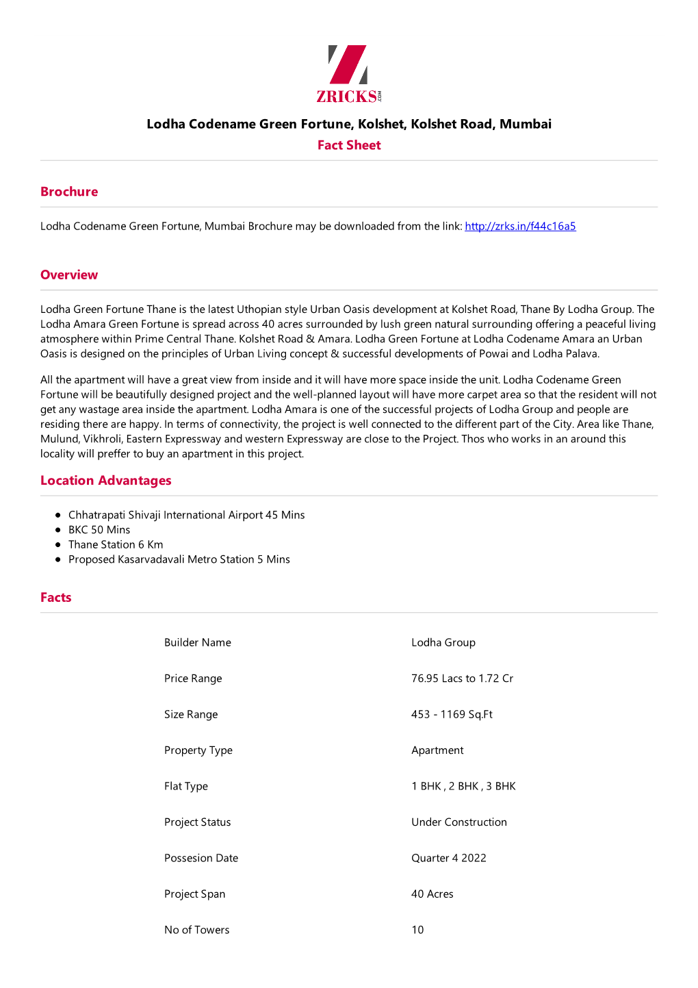 Lodha Codename Green Fortune, Kolshet, Kolshet Road, Mumbai Fact Sheet Brochure Overview Location Advantages Facts