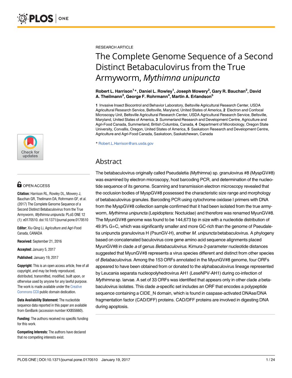 The Complete Genome Sequence of a Second Distinct Betabaculovirus from the True Armyworm, Mythimna Unipuncta