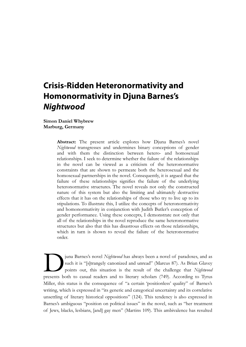 Crisis-Ridden Heteronormativity and Homonormativity in Djuna Barnes's