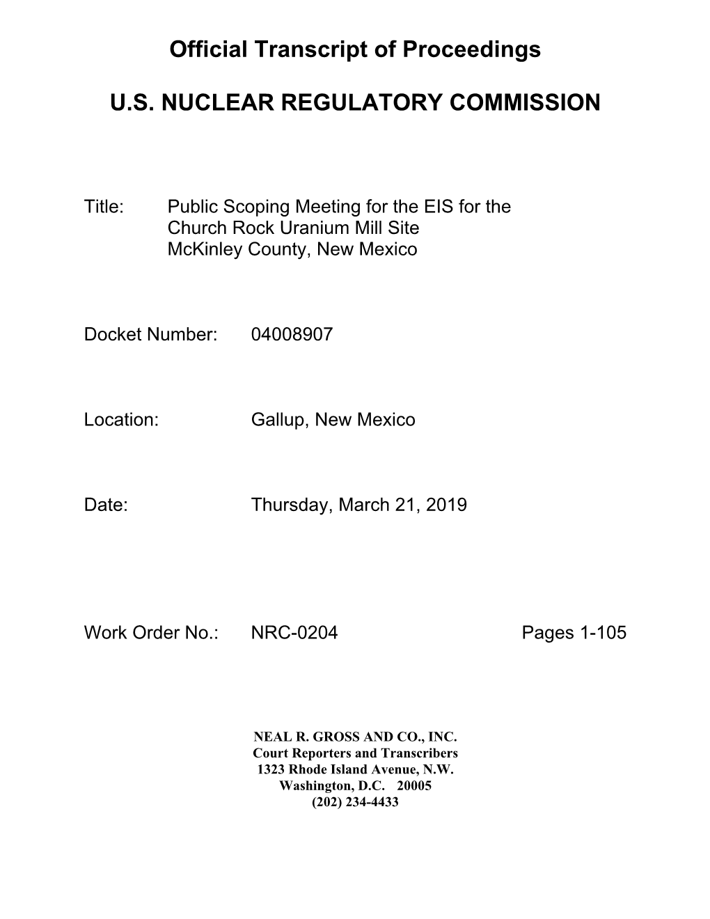 Transcript for Public Scoping Meeting on March 21, 2019, for The