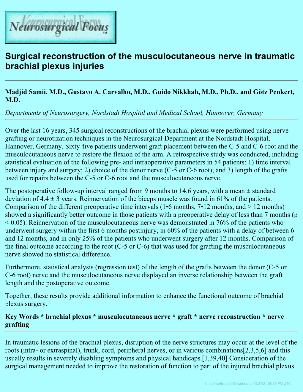 Surgical Reconstruction of the Musculocutaneous Nerve in Traumatic Brachial Plexus Injuries