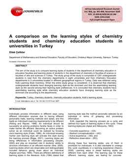 A Comparison on the Learning Styles of Chemistry Students and Chemistry Education Students in Universities in Turkey