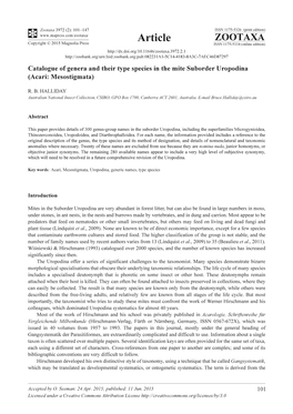 Catalogue of Genera and Their Type Species in the Mite Suborder Uropodina (Acari: Mesostigmata)