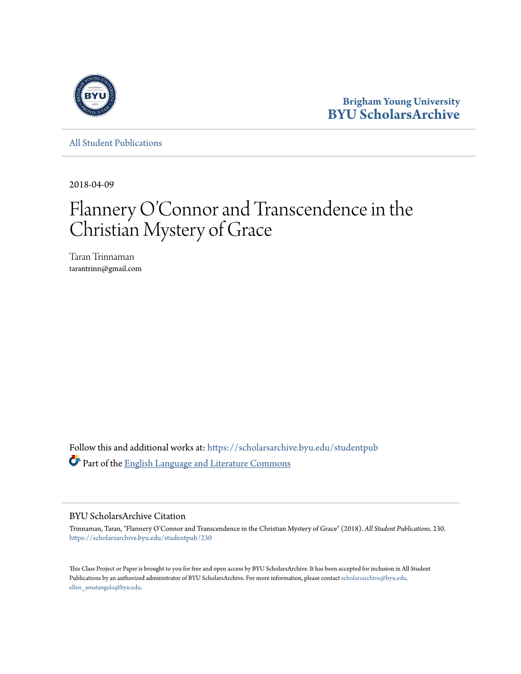 Flannery O'connor and Transcendence in the Christian Mystery of Grace