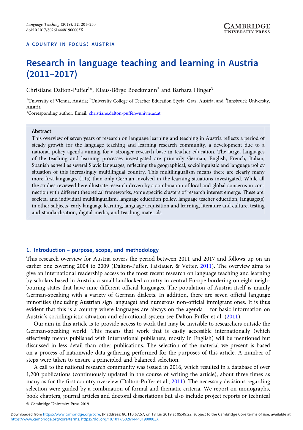 Research in Language Teaching and Learning in Austria (2011–2017)
