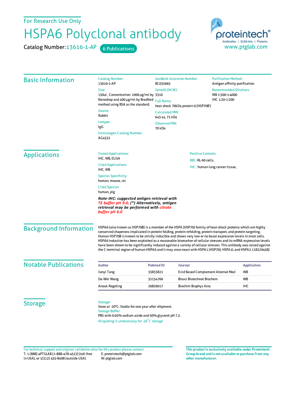 HSPA6 Polyclonal Antibody Catalog Number:13616-1-AP 6 Publications