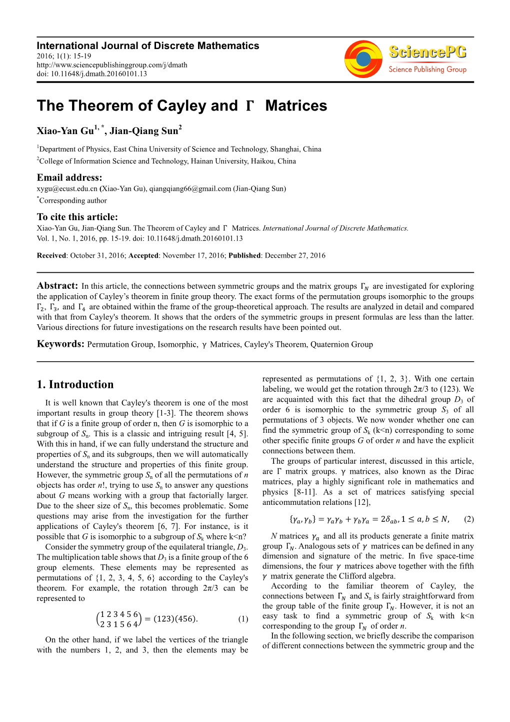 The Theorem of Cayley and Matrices