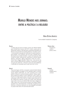 Murilo Mendes Nos Jornais: Entre a Política E a Religião