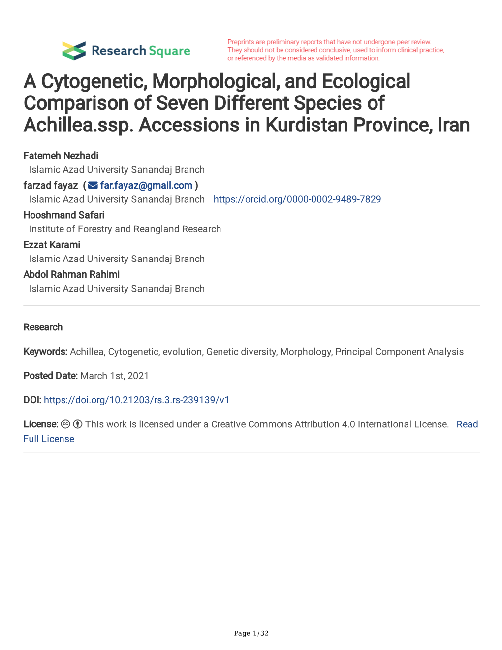 A Cytogenetic, Morphological, and Ecological Comparison of Seven Different Species of Achillea.Ssp
