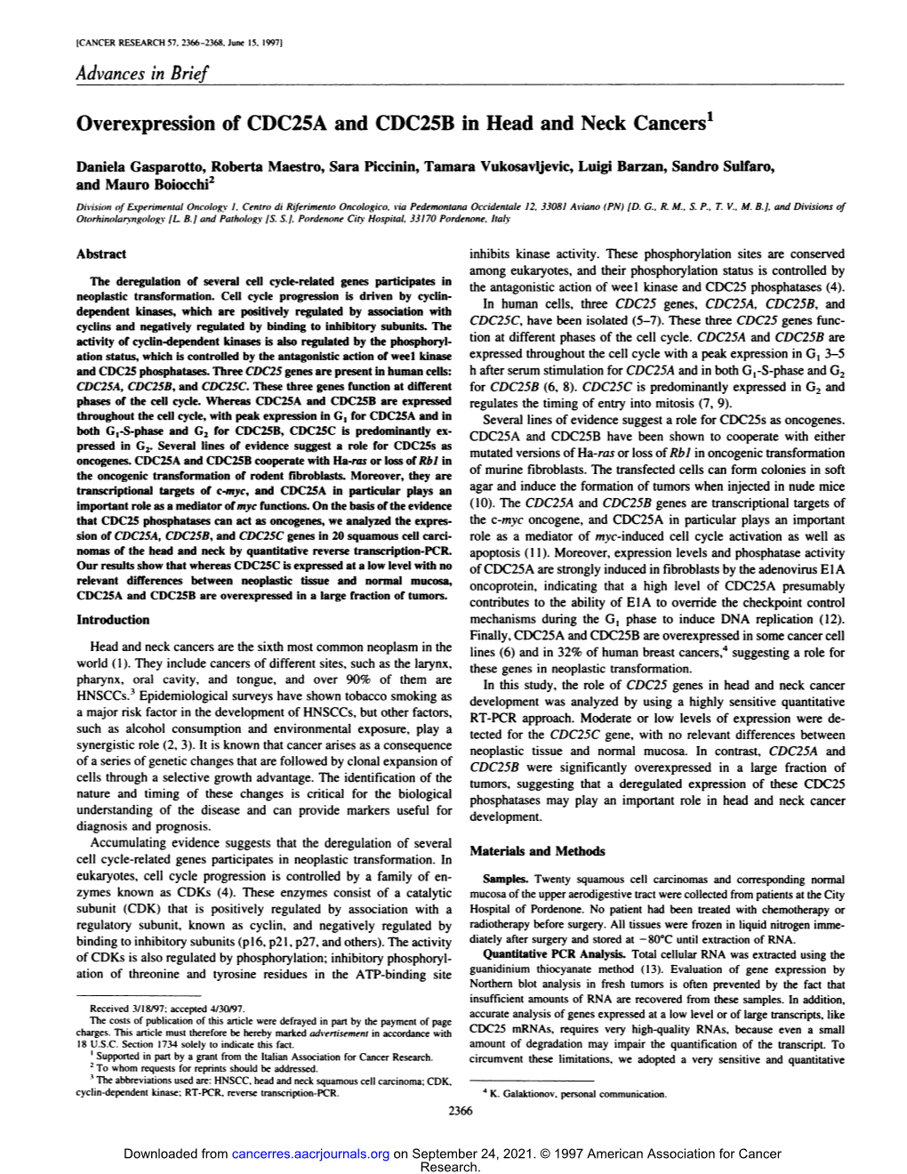 Overexpression of CDC25A and CDC25B in Head and Neck Cancers'