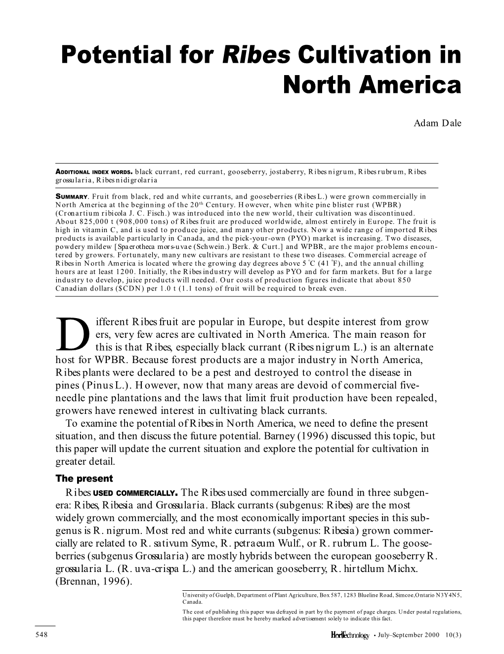 Potential for Ribes Cultivation in North America