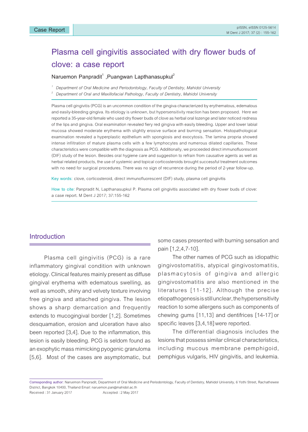 Plasma Cell Gingivitis Associated with Dry Flower Buds