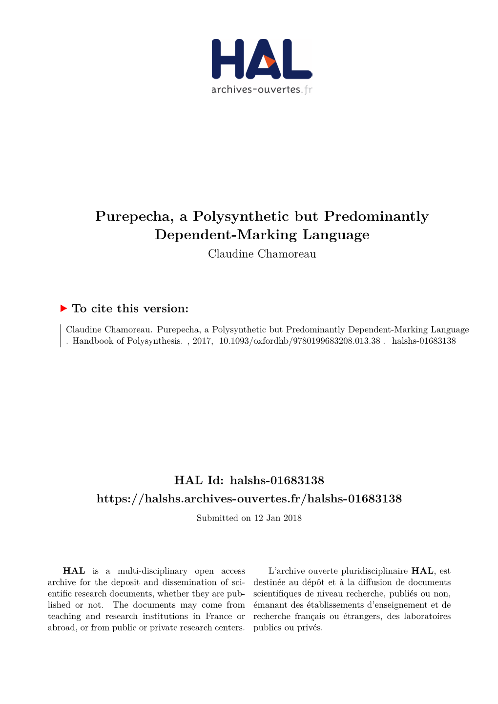 Purepecha, a Polysynthetic but Predominantly Dependent-Marking Language Claudine Chamoreau