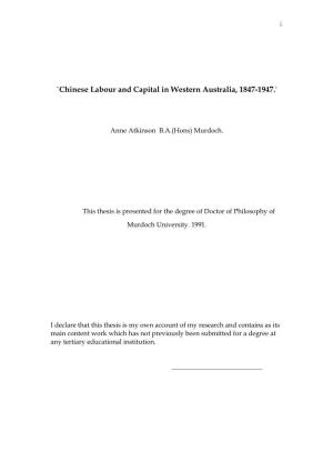 `Chinese Labour and Capital in Western Australia, 1847-1947.'