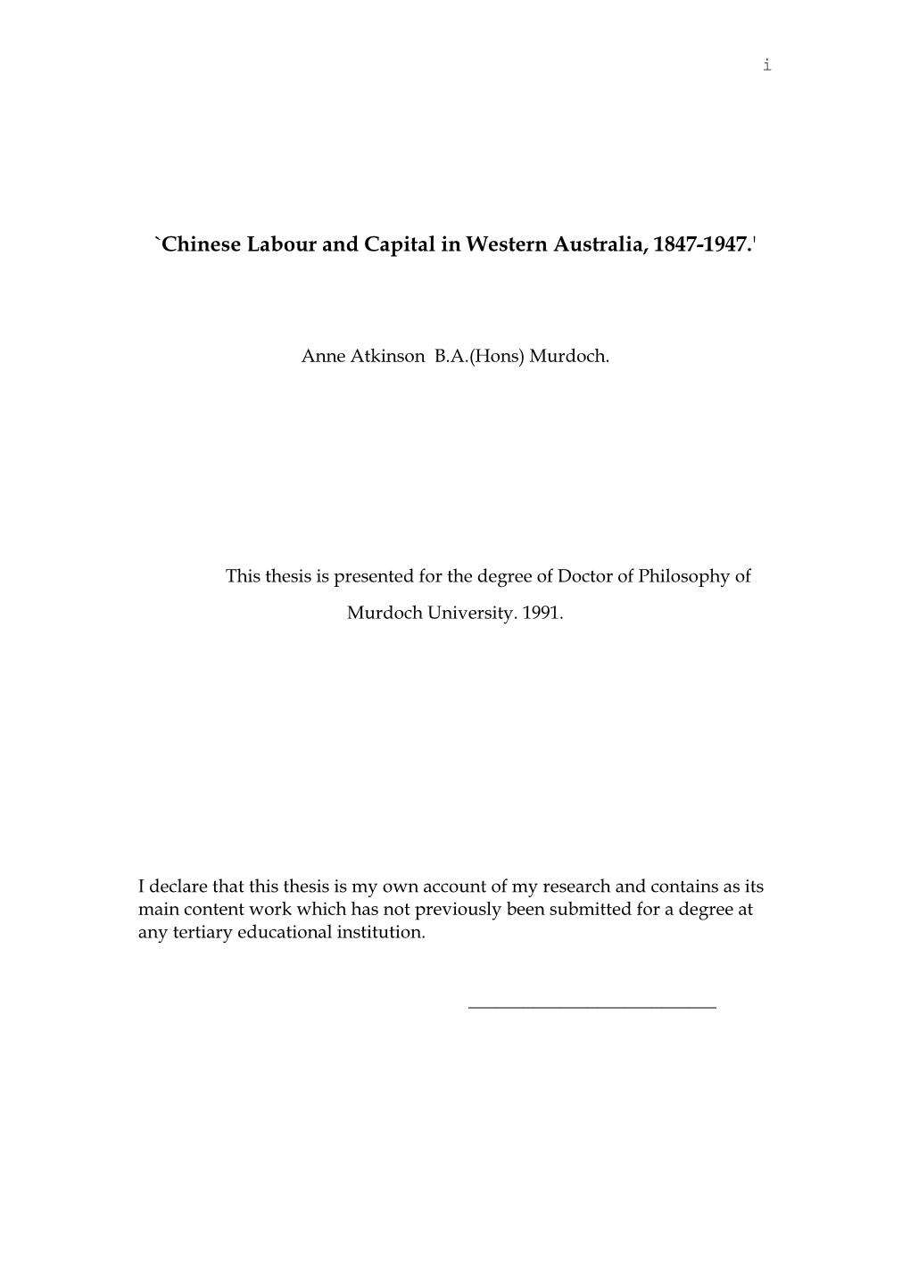 `Chinese Labour and Capital in Western Australia, 1847-1947.'