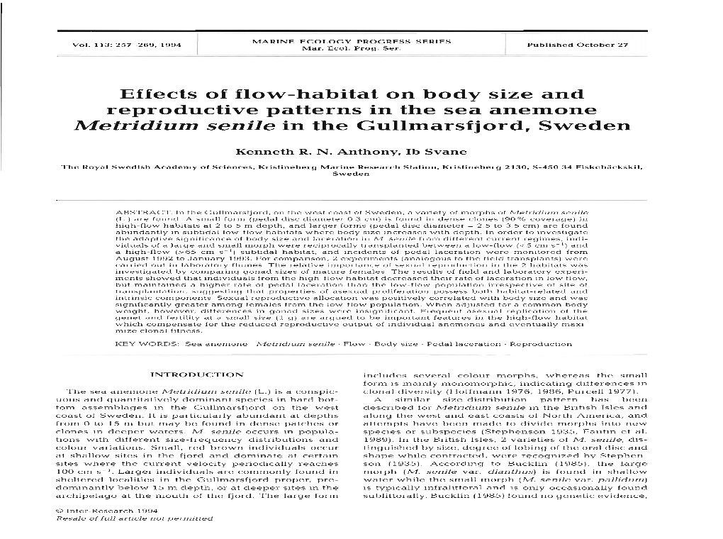 Effects of Flow-Habitat on Body Size and Reproductive Patterns in the Sea Anemone Metridium Senile in the Gullmarsfjord, Sweden