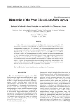 Biometrics of the Swan Mussel Anodonta Cygnea