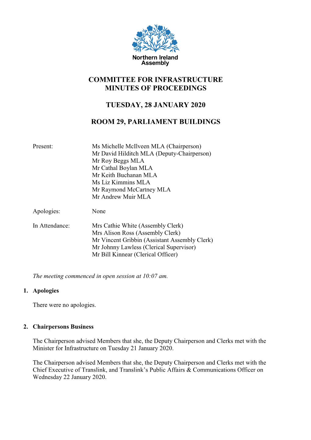 Committee for Infrastructure Minutes of Proceedings Tuesday, 28 January 2020 Room 29, Parliament Buildings