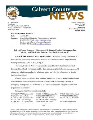 Calvert County Emergency Management Division to Conduct Maintenance Test of Alert and Notification Siren in Prince Frederick on April 5