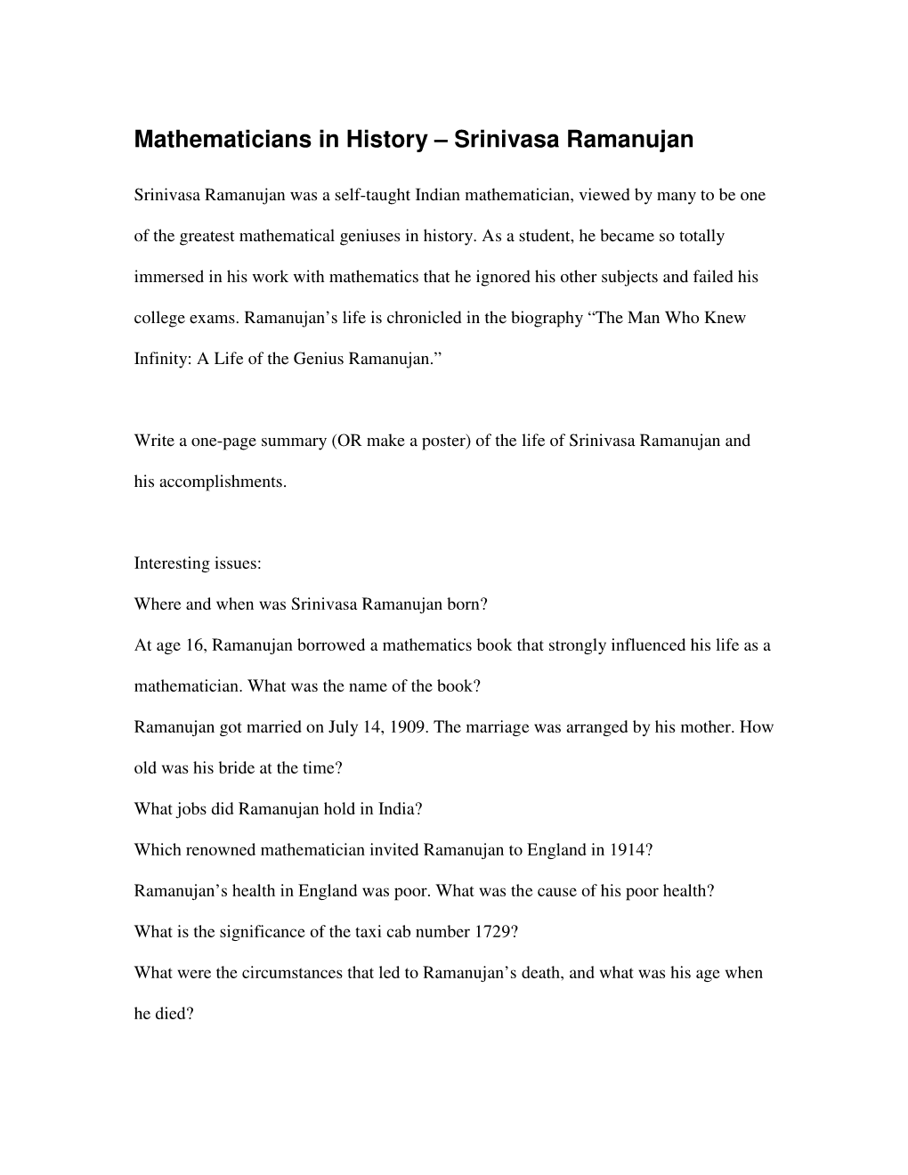 Mathematicians in History – Srinivasa Ramanujan