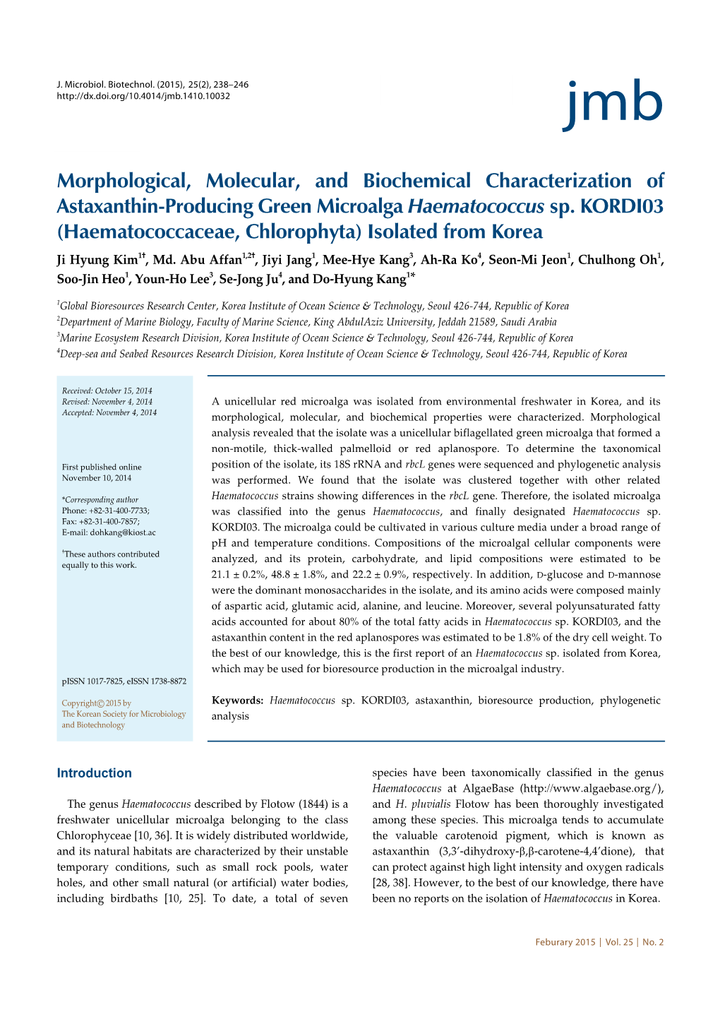 Morphological, Molecular, and Biochemical Characterization of Astaxanthin-Producing Green Microalga Haematococcus Sp