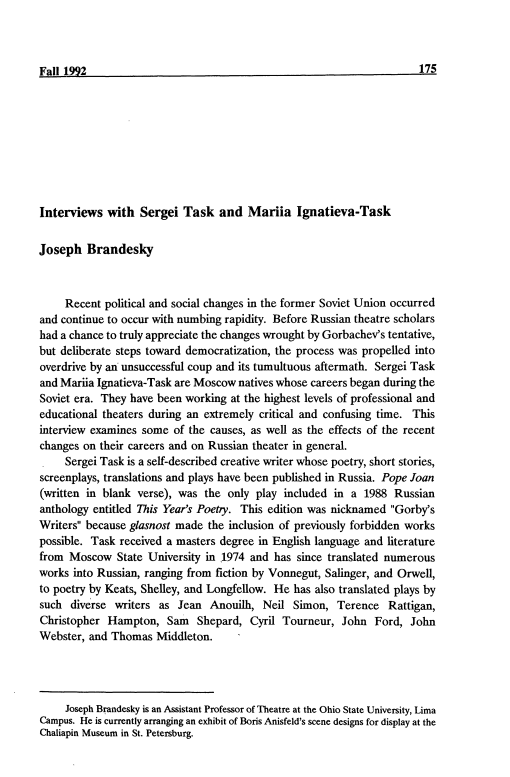 Interviews with Sergei Task and Mania Ignatieva-Task Joseph Brandesky