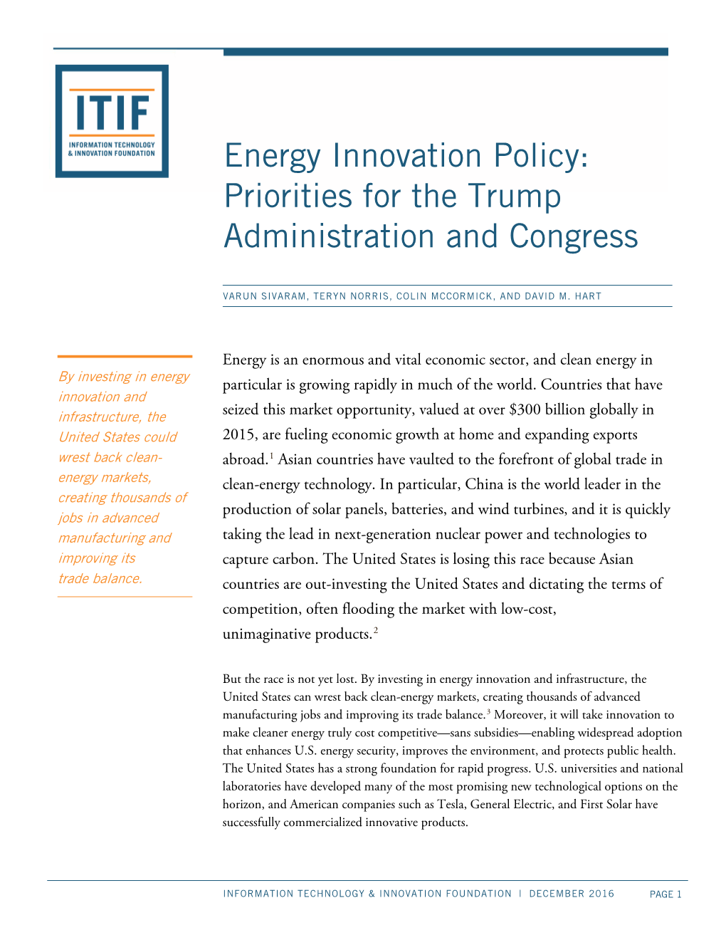 Energy Innovation Policy: Priorities for the Trump Administration and Congress