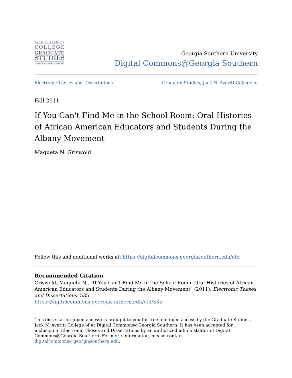 If You Can't Find Me in the School Room: Oral Histories of African American Educators and Students During the Albany Movement