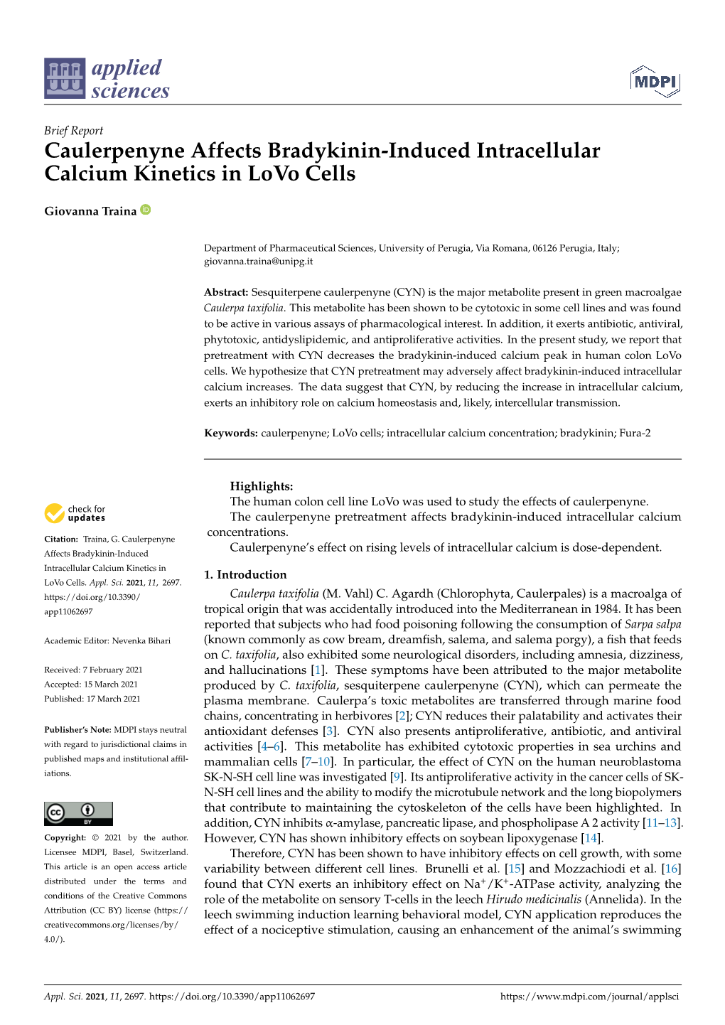 Caulerpenyne Affects Bradykinin-Induced Intracellular Calcium Kinetics in Lovo Cells