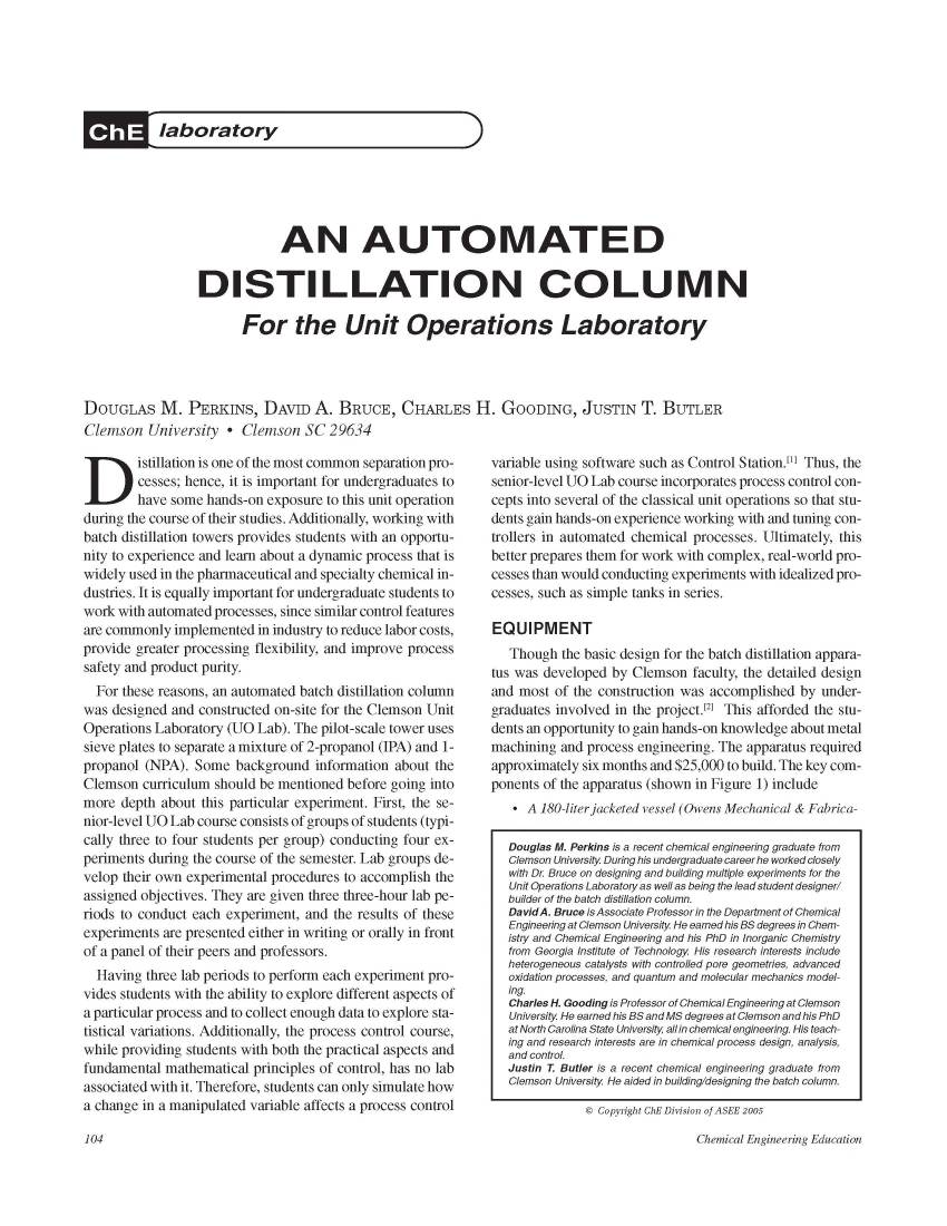 AN AUTOMATED DISTILLATION COLUMN for the Unit Operations Laboratory