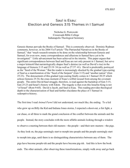 Saul Is Esau: Election and Genesis 3:15 Themes in I Samuel