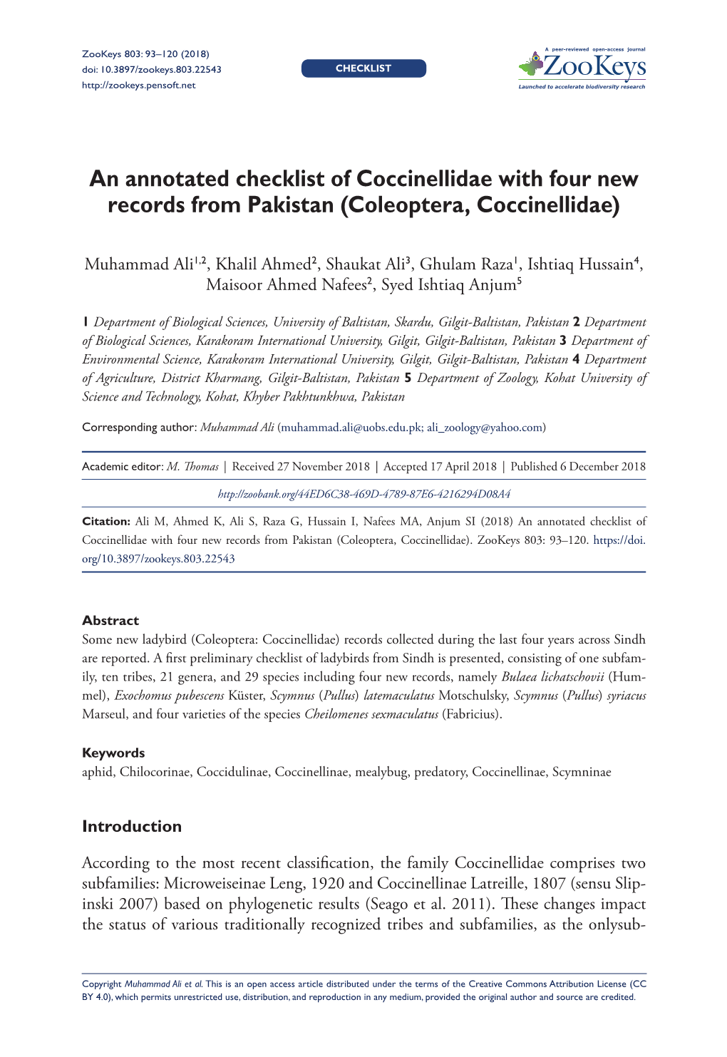 An Annotated Checklist of Coccinellidae with Four New Records from Pakistan (Coleoptera, Coccinellidae)