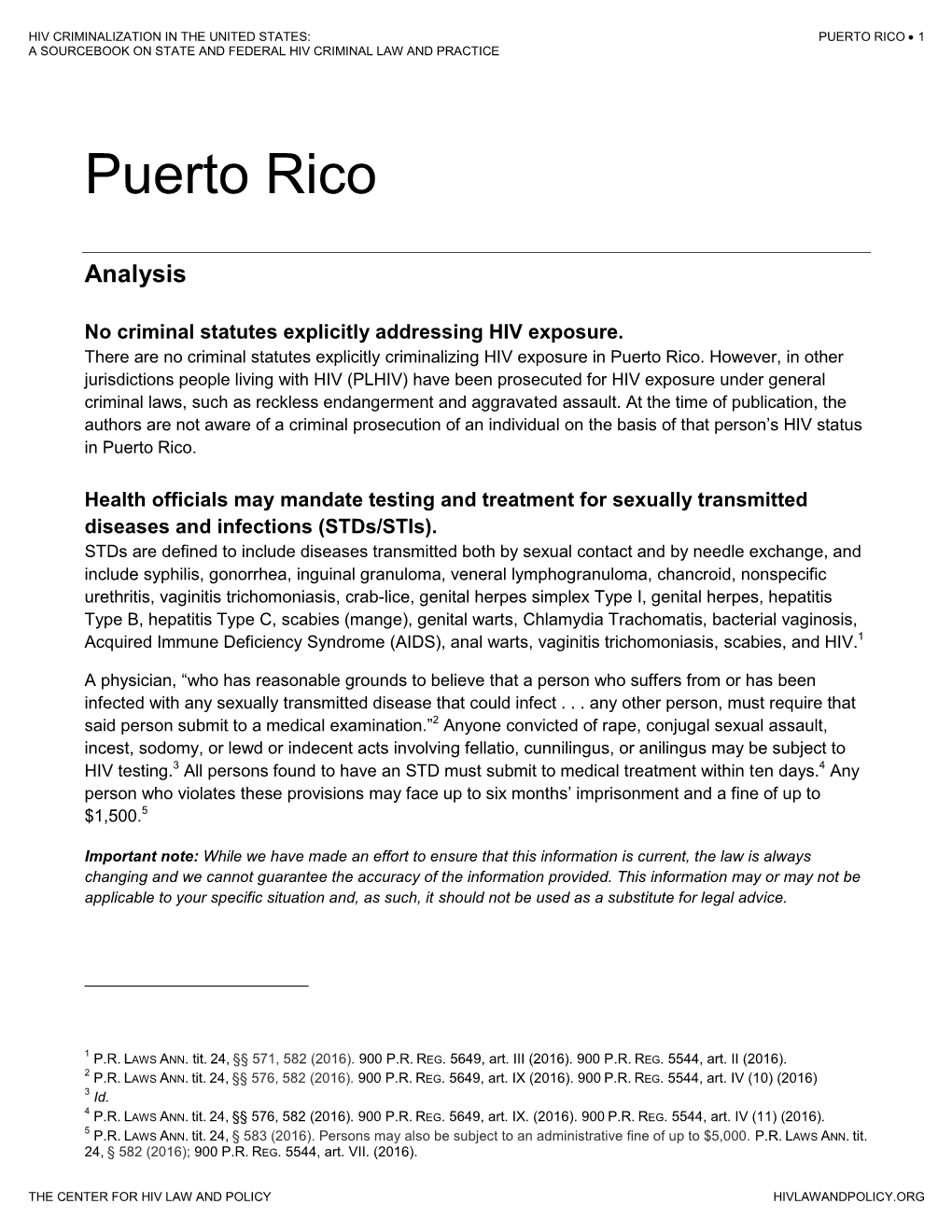 Puerto Rico  1 a Sourcebook on State and Federal Hiv Criminal Law and Practice