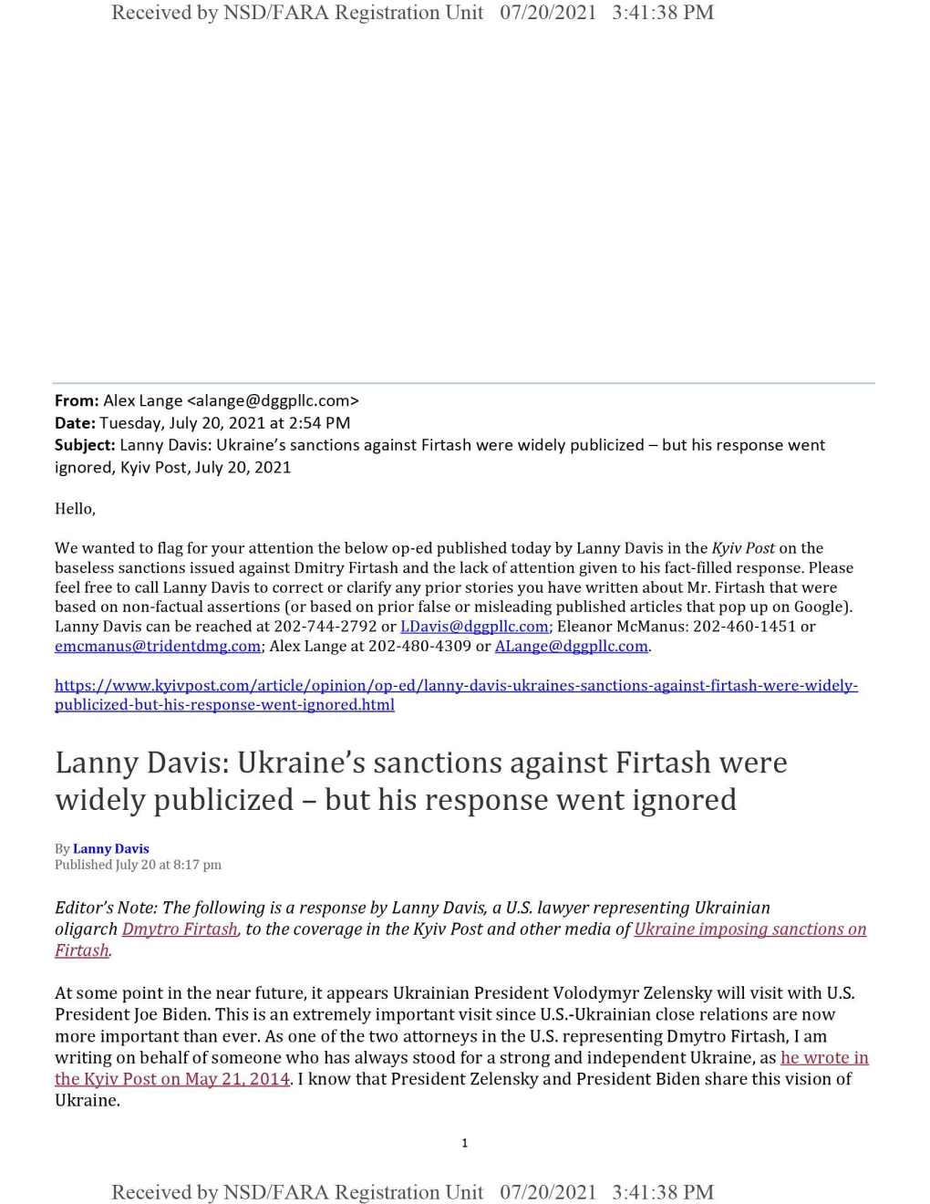 Lanny Davis: Ukraine's Sanctions Against Firtash Were Widely Publicized - but His Response Went Ignored, Kyiv Post, July 20, 2021
