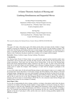 A Game-Theoretic Analysis of Hezong and Lianheng-Simultaneous and Sequential Moves
