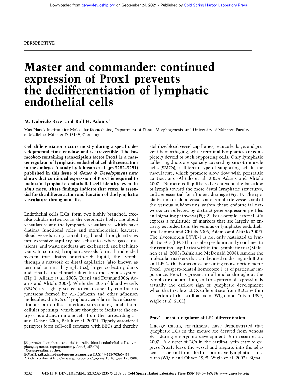 Continued Expression of Prox1 Prevents the Dedifferentiation of Lymphatic Endothelial Cells