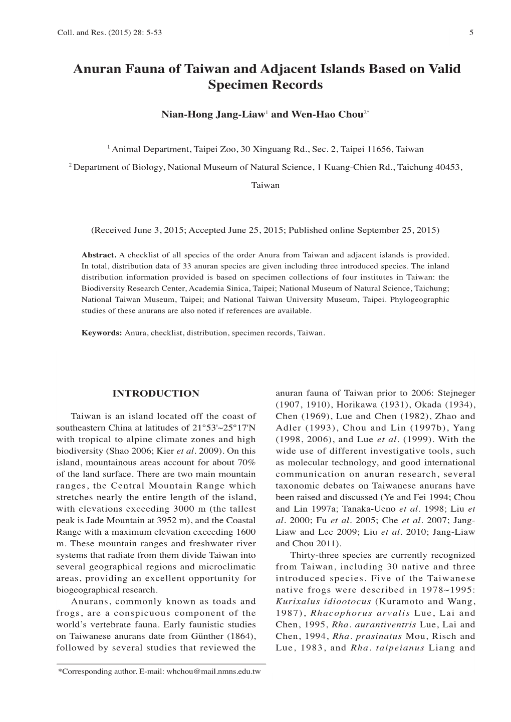 Anuran Fauna of Taiwan and Adjacent Islands Based on Valid Specimen Records