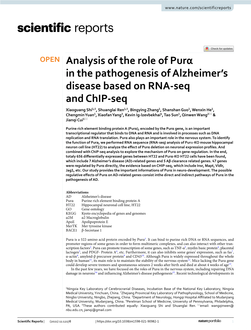 Analysis of the Role of Purα in the Pathogenesis of Alzheimer's Disease Based on RNA-Seq and Chip-Seq