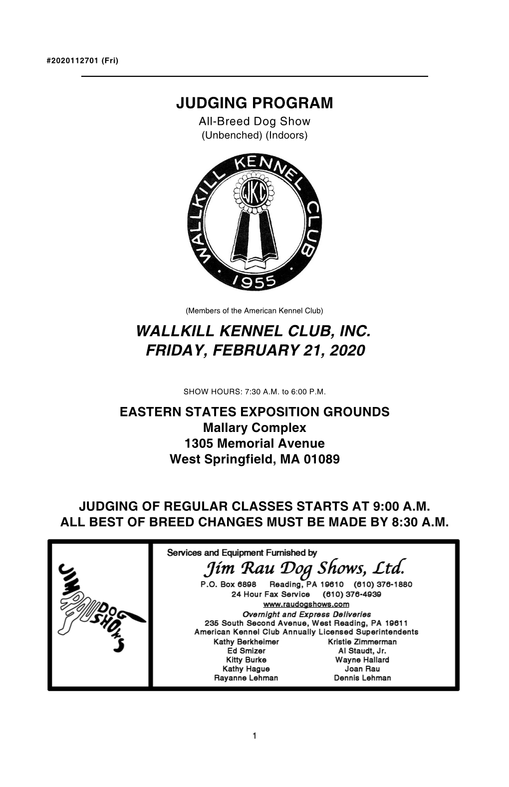 Judging Program Wallkill Kennel Club, Inc. Friday