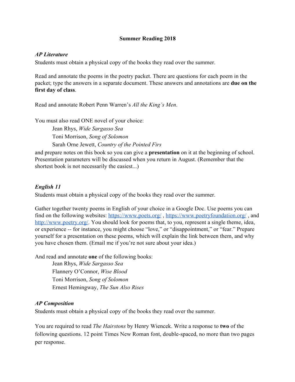 Summer Reading 2018 AP Literature Students Must Obtain a Physical Copy of the Books They Read Over the Summer. Read and Annotate
