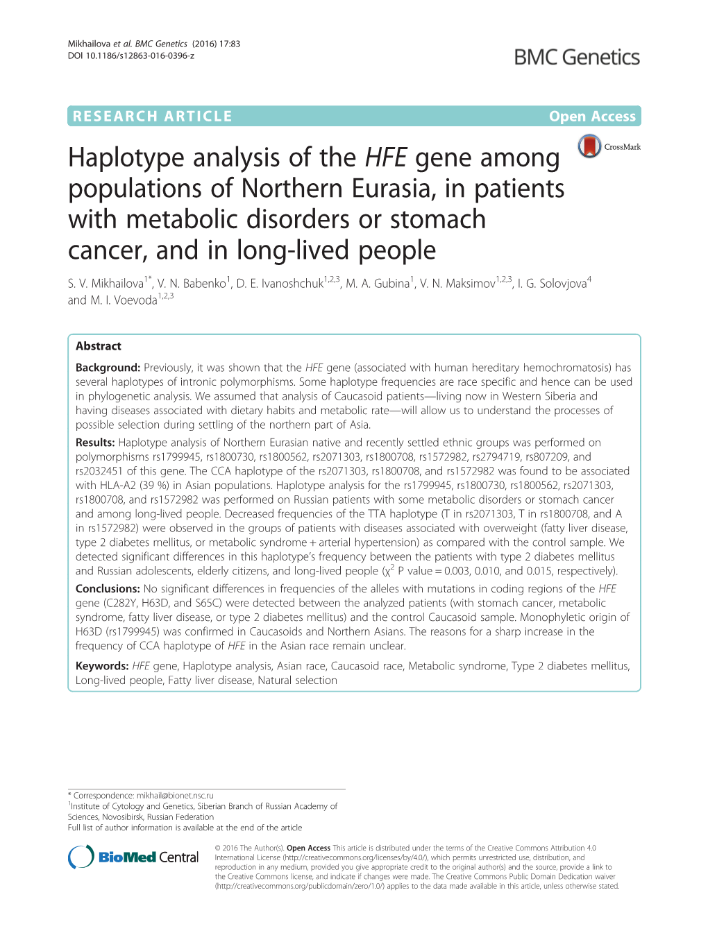 Haplotype Analysis of the HFE Gene Among Populations of Northern Eurasia, in Patients with Metabolic Disorders Or Stomach Cancer, and in Long-Lived People S